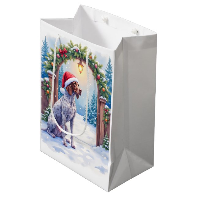 German Shorthaired Pointer Snowy Gate Santa Hat Medium Gift Bag (Front Angled)