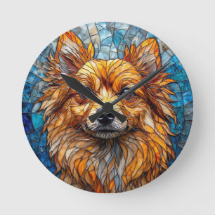 German Spitz Dog Stained Glass Artwork Round Clock