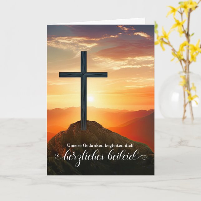 German Sympathy with Sunset Cross Over Mountains Card (Yellow Flower)