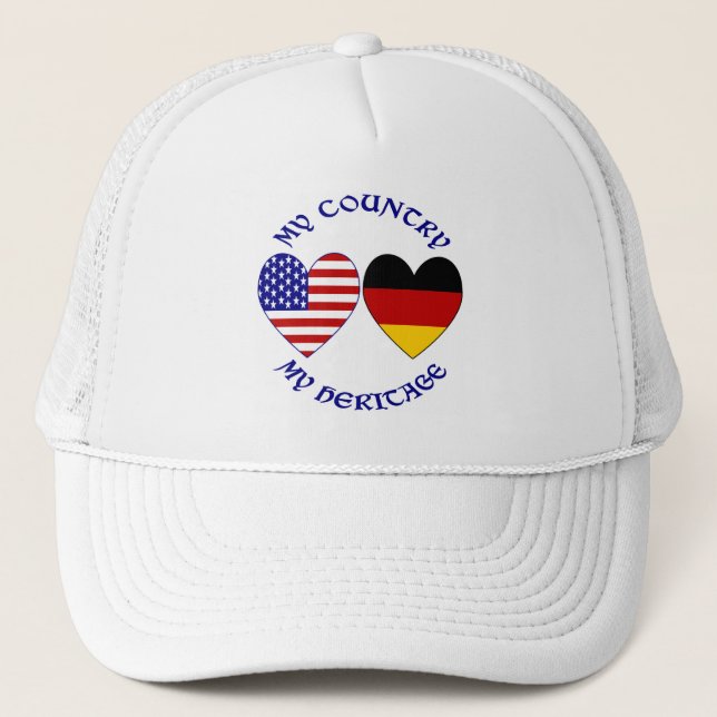 German USA Flag Hearts Country Heritage Trucker Hat (Front)