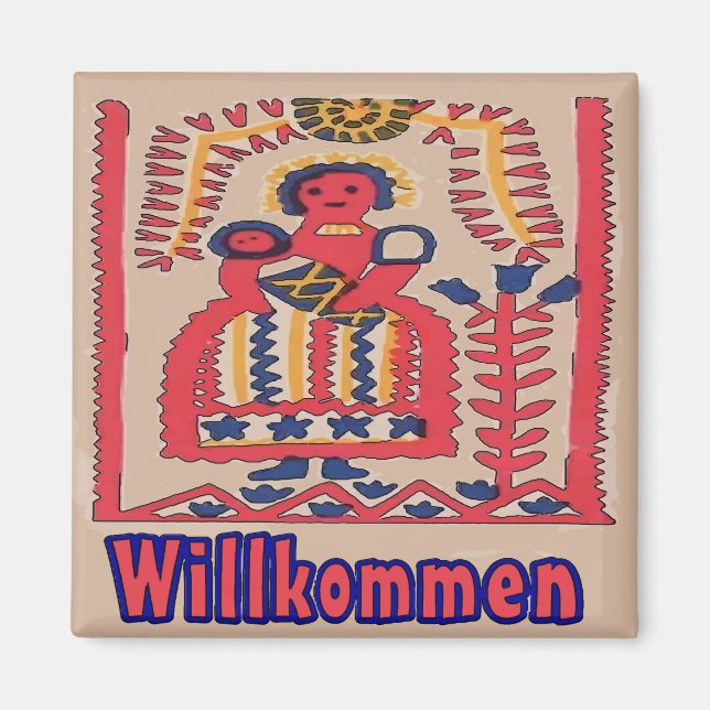 German Welcome Folk  Mother and Child Magnet (Front)