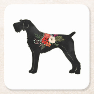 German Wirehaired Pointer Boho Floral Silhouette Square Paper Coaster