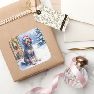German Wirehaired Pointer Snowy Lodge Santa Hat Square Sticker