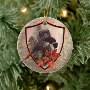 German Wirehaired Pointer with pheasant in hunting Ceramic Tree Decoration
