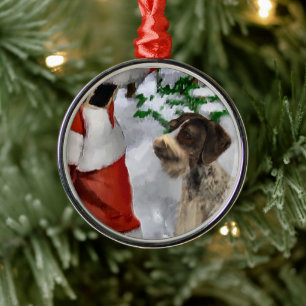 German Wirehaired Pointer With Santa Christmas Metal Tree Decoration