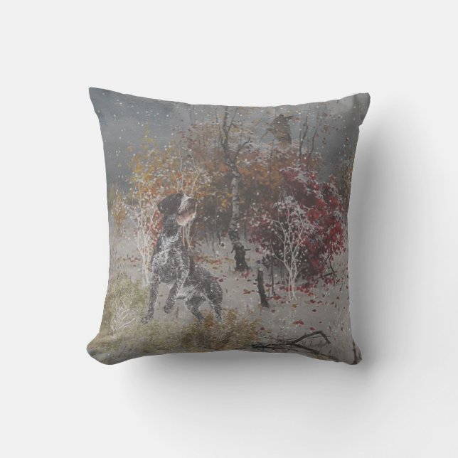 German Wirehaired Pointer with woodcock in winter  Cushion (Front)