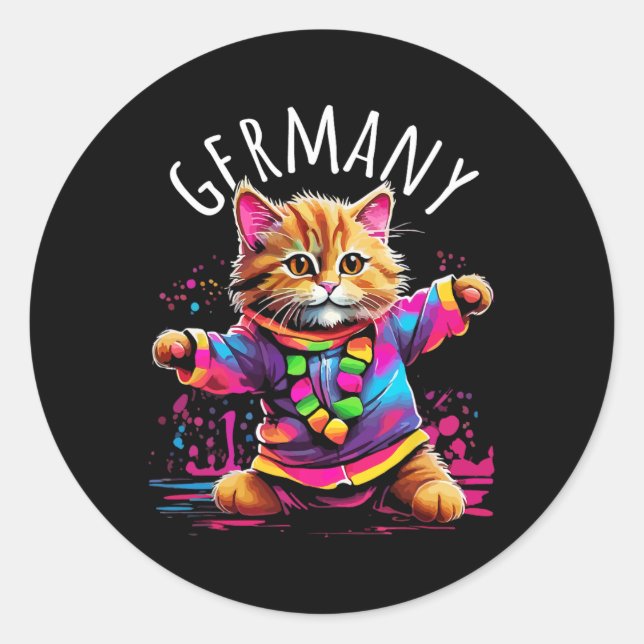 Germany Dancing Cat Fun Colourful Cute Kitty Desig Classic Round Sticker (Front)