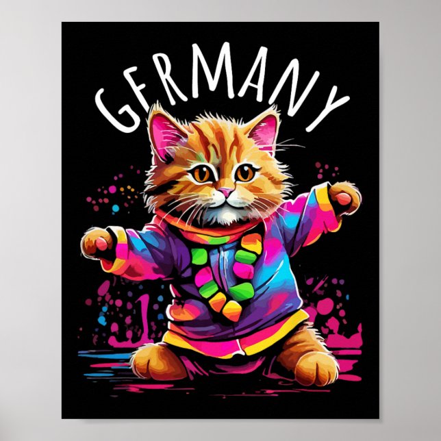 Germany Dancing Cat Fun Colourful Cute Kitty Desig Poster (Front)
