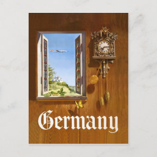 Germany, wooden clock and view from the window postcard