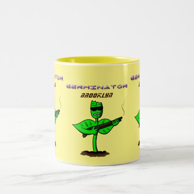 Germinator cyborg plant funny cartoon Two-Tone coffee mug (Center)