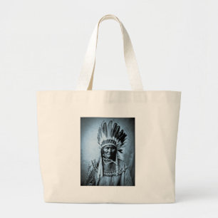 Geronimo in Head Dress Vintage Cyan Large Tote Bag