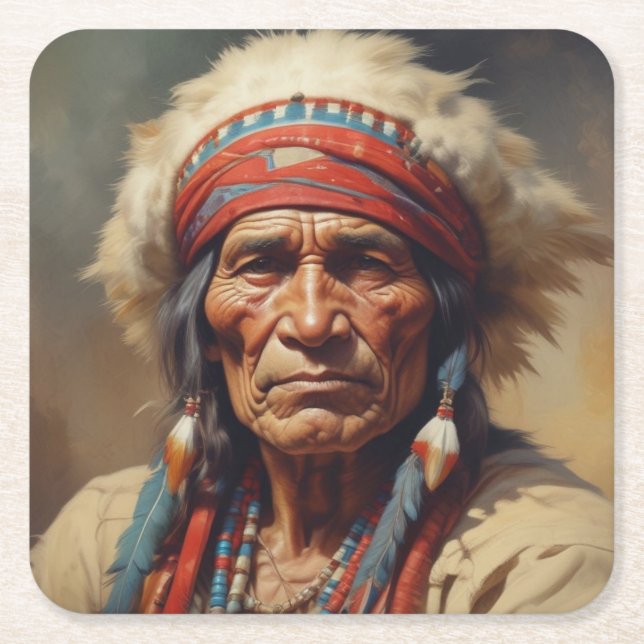 Geronimo Indian Chief Warrior Portrait Square Paper Coaster (Front)