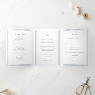 Gertrude Dusty Blue Classic Elegant Wedding Tri-Fold Invitation