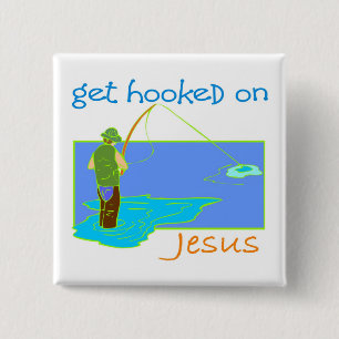 Get hooked on Jesus fisherman 15 Cm Square Badge