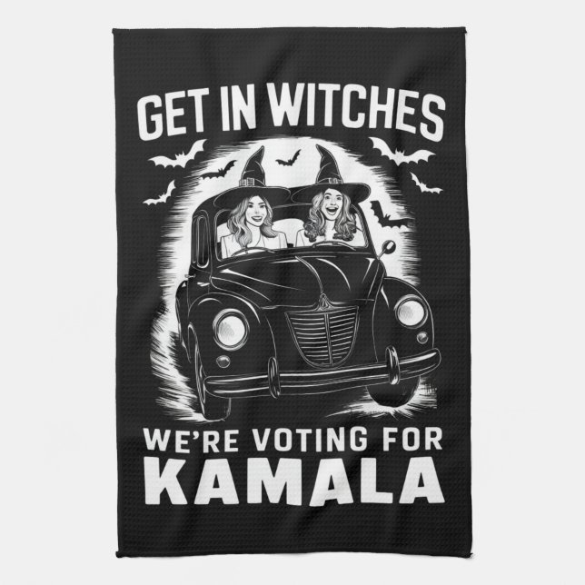 Get in Witches We're Voting for Kamala Halloween  Tea Towel (Vertical)