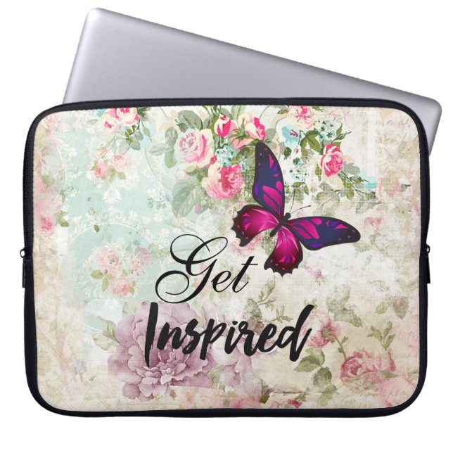 Get Inspired Quote & Pink Butterfly Shabby Collage Laptop Sleeve (Front)