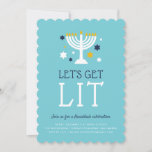 Get Lit | Hanukkah Party Invitation<br><div class="desc">Invite friends and loved ones to share some merriment at Hanukkah with these cute Hanukkah party invitations. Funny design aimed at adults-only gatherings features "let's get lit" on a turquoise background with a lit menorah surrounded by golden yellow,  blue and white stars. Personalise with your Hanukkah celebration details beneath.</div>