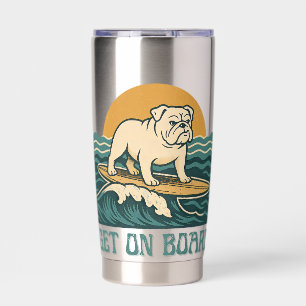 Get On Board Surfer Dog Retro Art -Bulldog Surfing Insulated Tumbler
