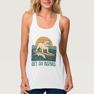Get On Board Surfer Dog Retro Art -Bulldog Surfing Singlet