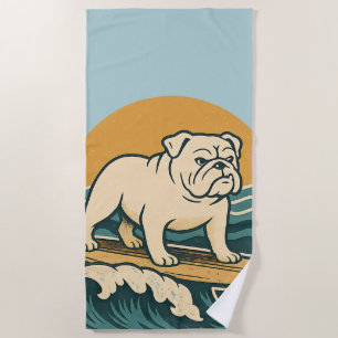 Get On Board Surfer Dog Retro Bulldog Surf Graphic Beach Towel