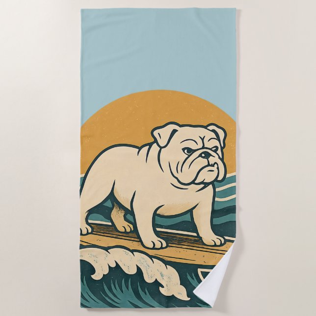 Get On Board Surfer Dog Retro Bulldog Surf Graphic Beach Towel (Front)