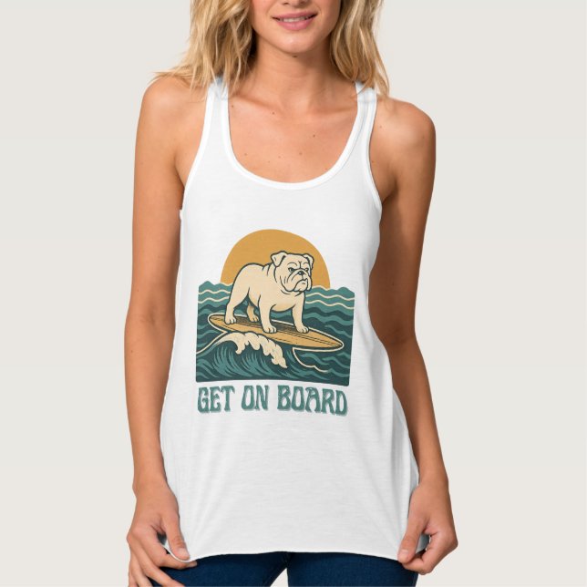 Get On Board Surfer Dog Retro Bulldog Surf Graphic Singlet (Front)