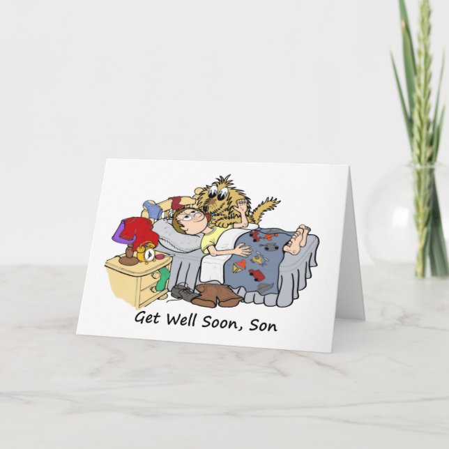 Get Well Cartoon of Son in Bed and Pet Dog Card (Front)
