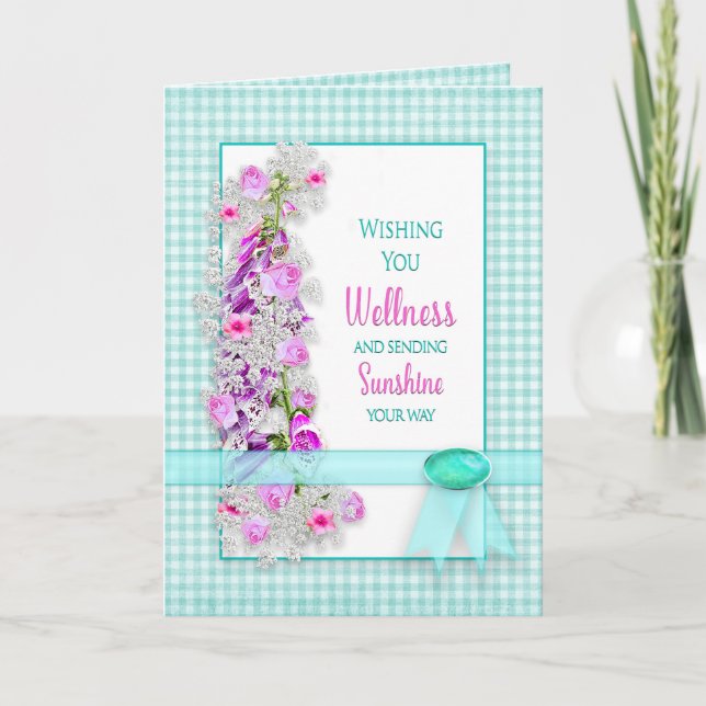 Get Well, Garden Flowers on Gingham Card (Front)