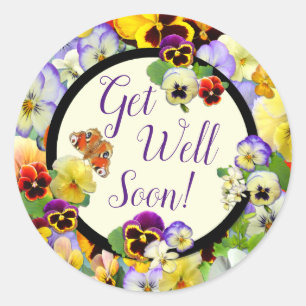 Get Well Pansy Design - add your text Classic Round Sticker