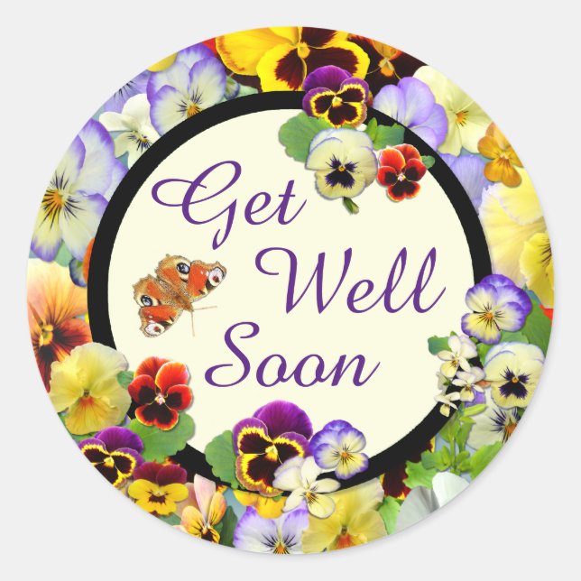 Get Well Pansy Design ~ Get Well Soon Classic Round Sticker (Front)