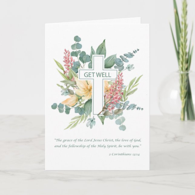Get Well Religious Cross Watercolor Wildflowers Card (Front)