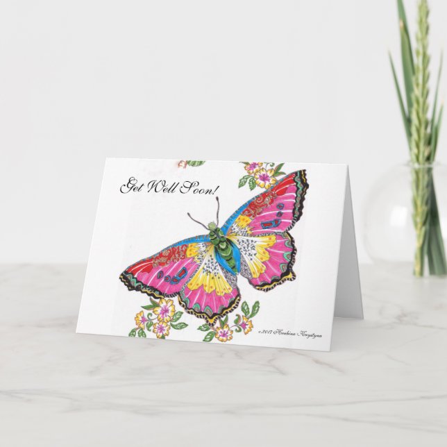 Get Well Soon! Butterfly and Flowers Card (Front)
