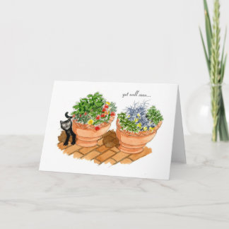 Get well soon, cat and herbs. card