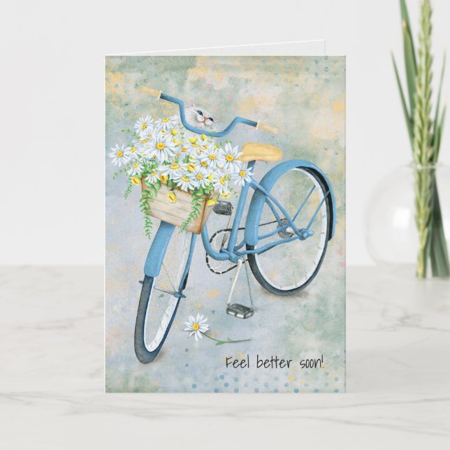 Get well soon cat in daisy Basket on bike Card (Front)