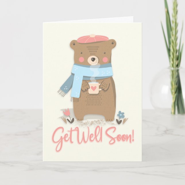 Get Well Soon Cute Bear in Scarf Greeting Card (Front)