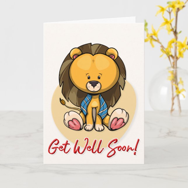Get Well Soon Cute Lion Greeting Card (Yellow Flower)