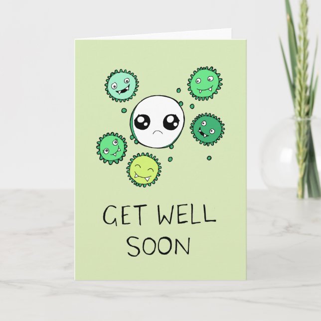 Get Well Soon Cute Virus and Cell Drawing Card (Front)