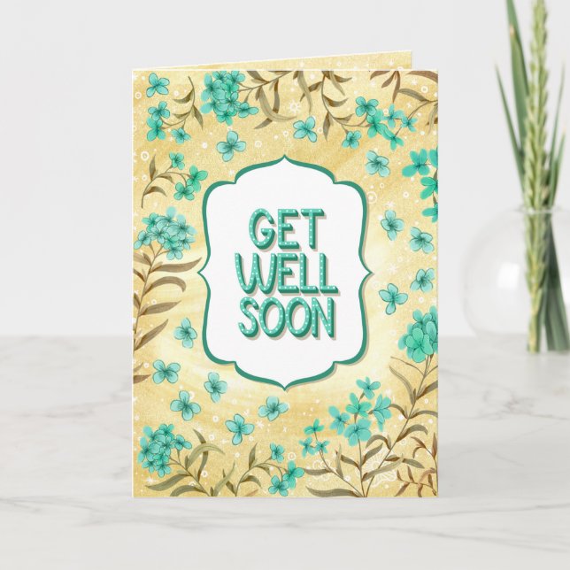 Get Well Soon Floral Yellow Teal Card (Front)