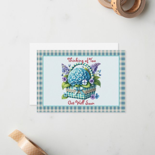  Get Well Soon Flower Basket Turquoise Gingham Card (Front/Back In Situ)