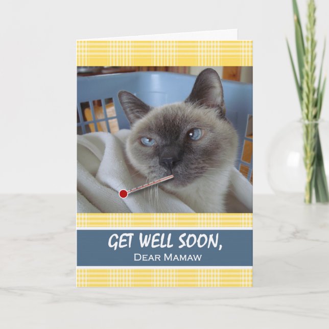 Get Well Soon for Mamaw, Sick Cat in Basket Card (Front)