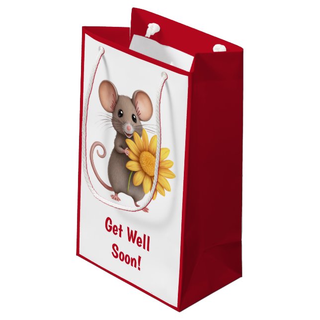 Get Well Soon Funny Mouse and the Yellow Flower Small Gift Bag (Back Angled)