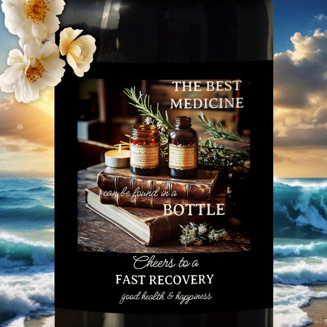 Get Well Soon Good Health  Wine Label (funny wine label featuring a vintage design with herbs, books and medicine bottles - get well soon)