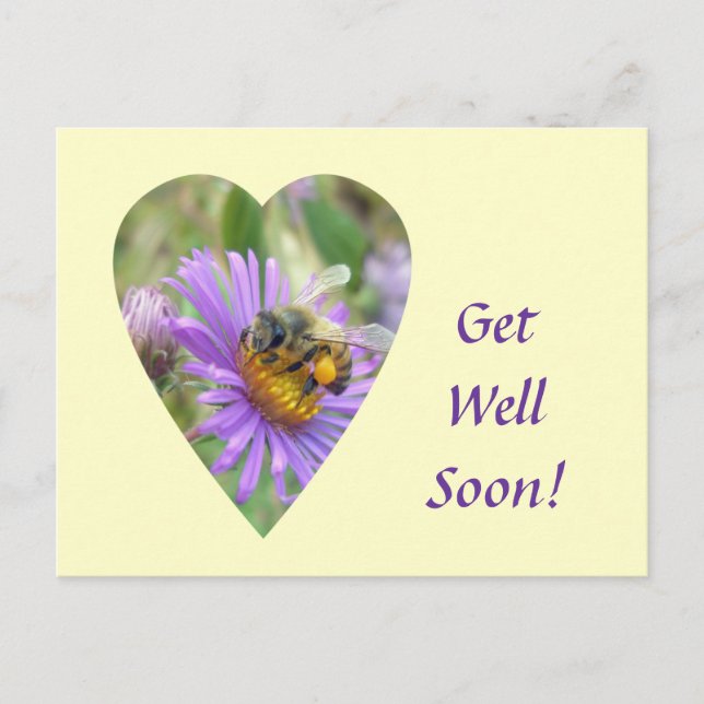 Get Well Soon Honeybee on Fall Asters Heart Postcard (Front)
