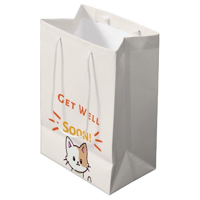 Get well soon message with cute cat medium gift bag (Front Angled)