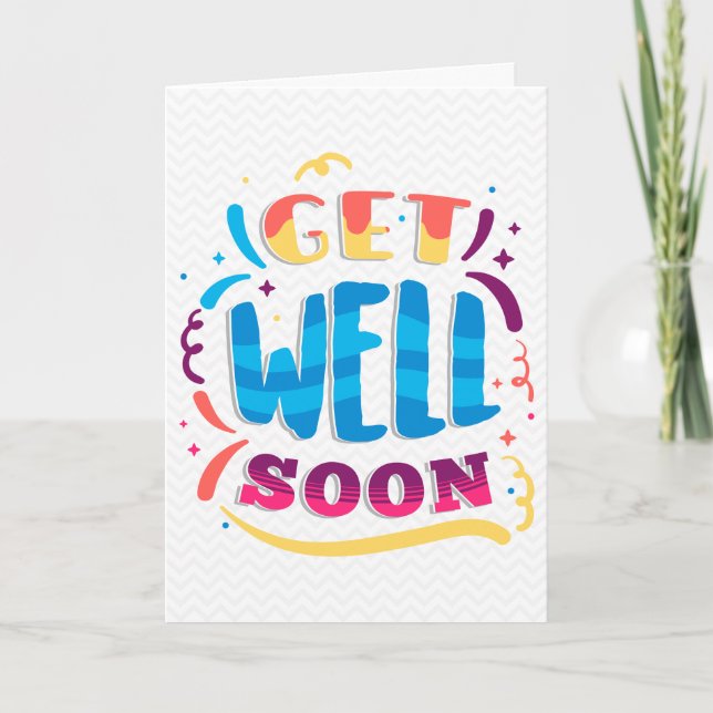 Get Well Soon Modern Chevron and Blue Typography Card (Front)