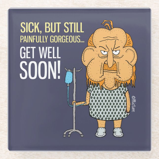 Get Well Soon old man cartoon dark blue Glass Coaster (Front)