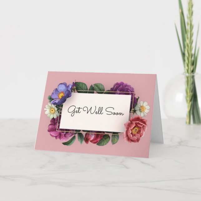 Get Well Soon Pastel Flower Frame Vintage Card (Front)
