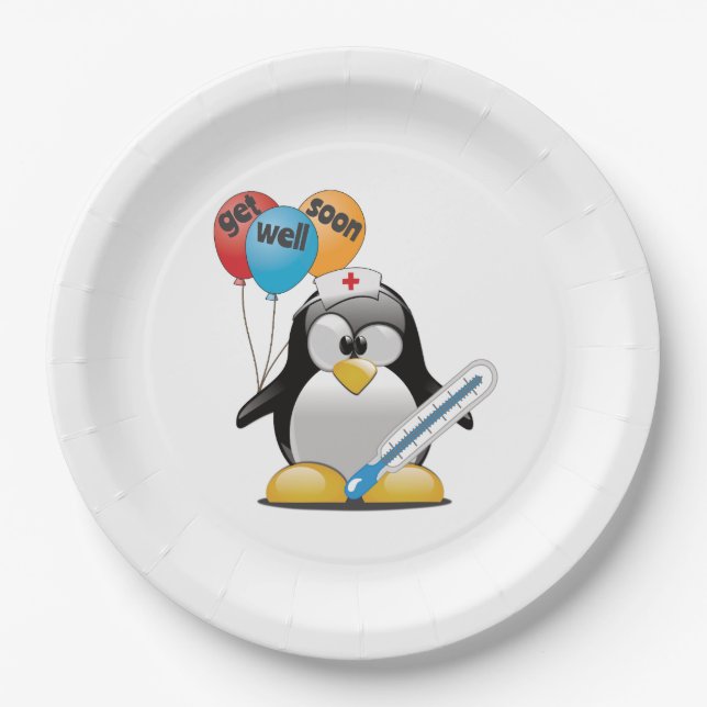 Get well soon. Penguin Nurse. Paper Plate (Front)