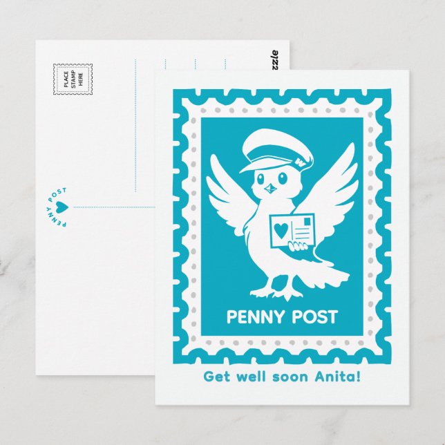 Get Well Soon Personalised Penny Post Mascot Postcard (Front/Back)