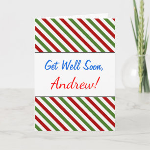 Get Well Soon + Red, White & Green Striped Pattern Holiday Card